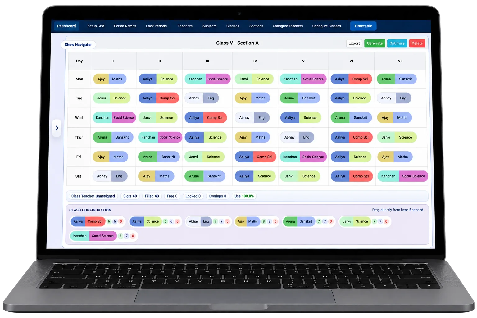 TimetableForMe class timetable for Class V, Section A, with zero overlaps